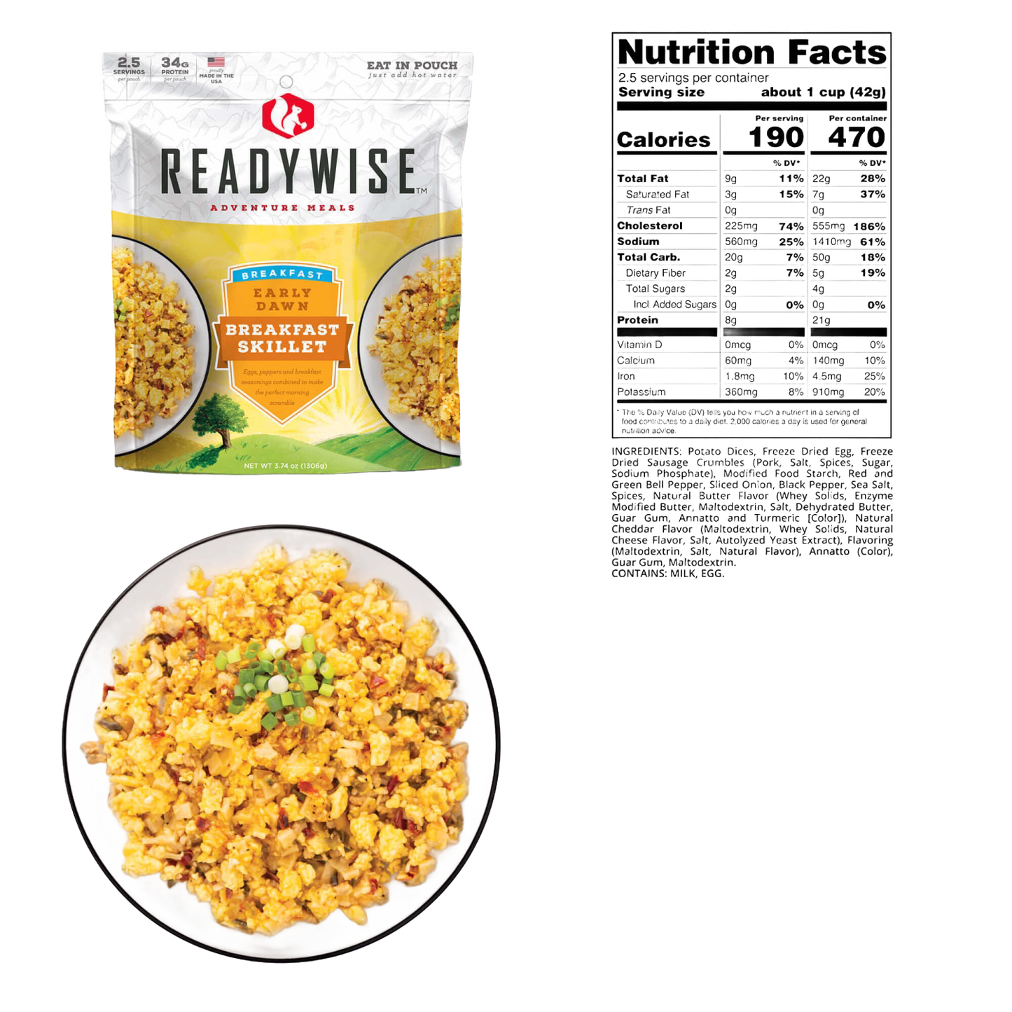 ReadyWise Early Dawn Breakfast Skillet meal pouch with prepared scrambled eggs and vegetables on a white plate, accompanied by detailed nutrition facts, ideal for camping, emergency supplies, and USA Made collections.