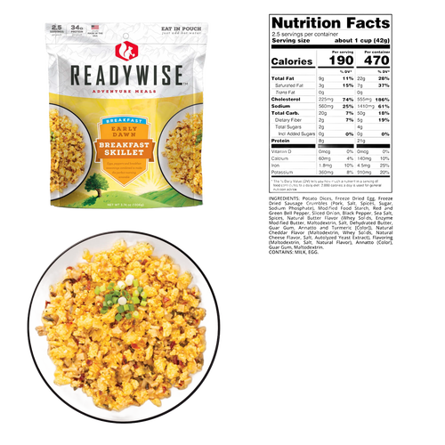 ReadyWise Early Dawn Breakfast Skillet meal pouch with prepared scrambled eggs and vegetables on a white plate, accompanied by detailed nutrition facts, ideal for camping, emergency supplies, and USA Made collections.
