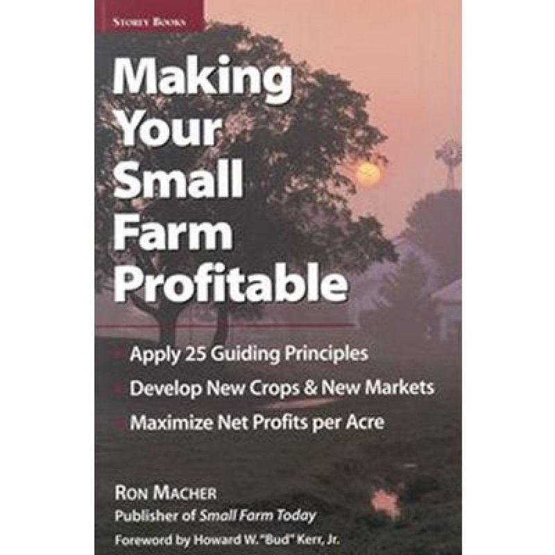 Cover of a book with a soft sunset background featuring a large tree and farm buildings, titled Making Your Small Farm Profitable with guidance on crops and profits, part of Toys, Books & Games, Farm and Livestock Books, Best Sellers, and Promo Eligible collections.