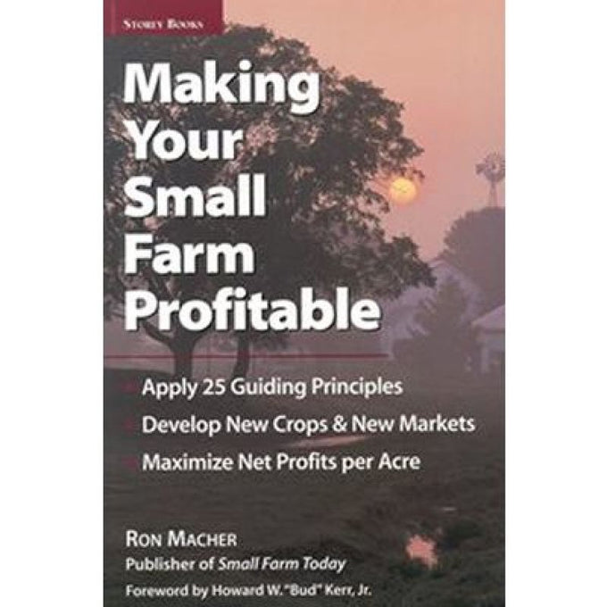 Cover of a book with a soft sunset background featuring a large tree and farm buildings, titled Making Your Small Farm Profitable with guidance on crops and profits, part of Toys, Books & Games, Farm and Livestock Books, Best Sellers, and Promo Eligible collections.