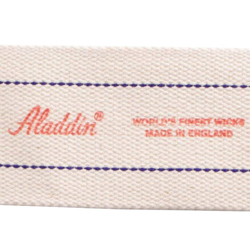 Close-up of a handcrafted flat cotton wick featuring purple stitched lines and red printed branding, designed for efficient fuel delivery in oil lamps, ideal for Farm, Garden & Tool, Lamps & Lighting, and Emergency Supplies collections.