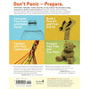 Back cover of a preparedness guidebook outlining practical steps like calculating food and water needs, building a tool and first aid kit, and caring for kids and pets, part of USA Made and Emergency Supplies collections.