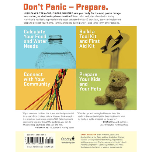 Back cover of a preparedness guidebook outlining practical steps like calculating food and water needs, building a tool and first aid kit, and caring for kids and pets, part of USA Made and Emergency Supplies collections.