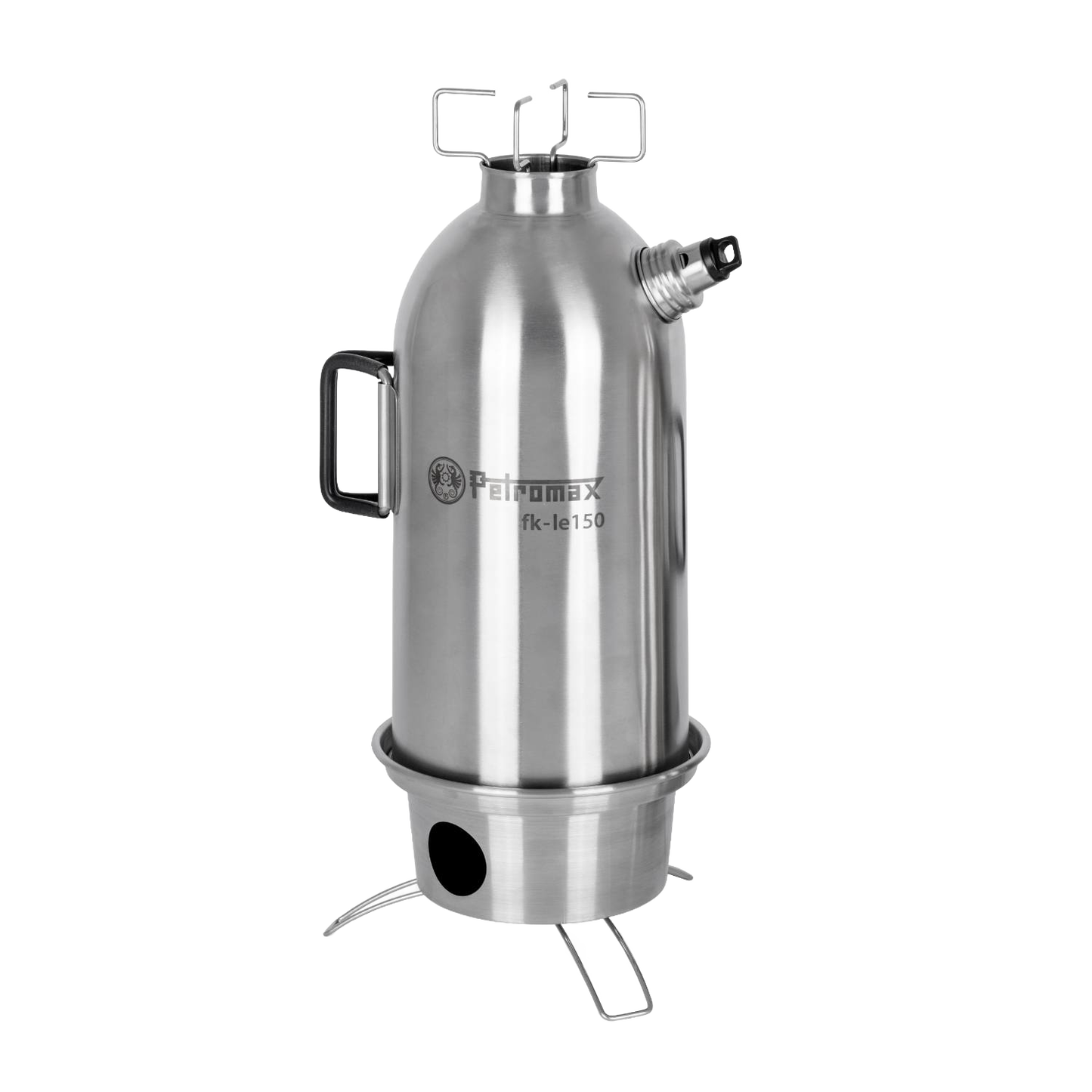 Handcrafted stainless steel fire kettle with screw-on spout and sturdy handle, featuring an integrated stove base with ventilation holes and foldable legs for outdoor use in Farm, Garden & Tool, Camping, Emergency Supplies, and Best Sellers collections.