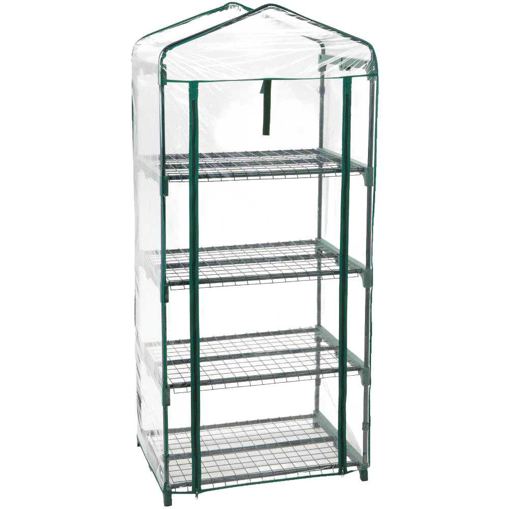 Compact greenhouse with four wire grid shelves and transparent zippered plastic cover, designed for growing plants in small spaces; ideal for Farm, Garden & Tool and Garden Accessories collections.