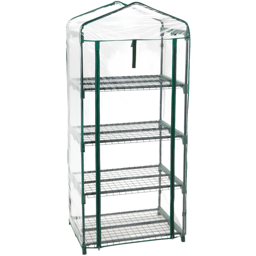 Compact greenhouse with four wire grid shelves and transparent zippered plastic cover, designed for growing plants in small spaces; ideal for Farm, Garden & Tool and Garden Accessories collections.