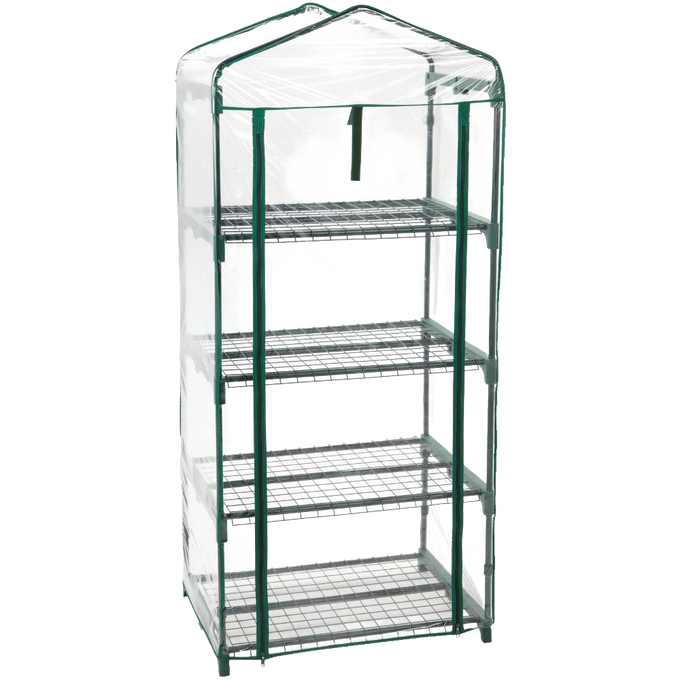 Compact greenhouse with four wire grid shelves and transparent zippered plastic cover, designed for growing plants in small spaces; ideal for Farm, Garden & Tool and Garden Accessories collections.