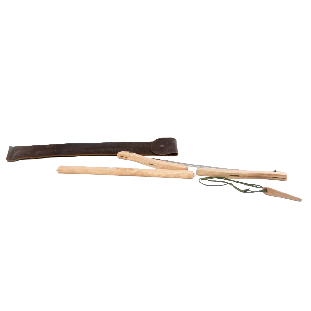 Disassembled handcrafted bow saw with smooth wooden frame, tensioning rope, and dark brown leather sheath, highlighting durable Amish-made quality for farm, garden & tool and wood cutting collections.