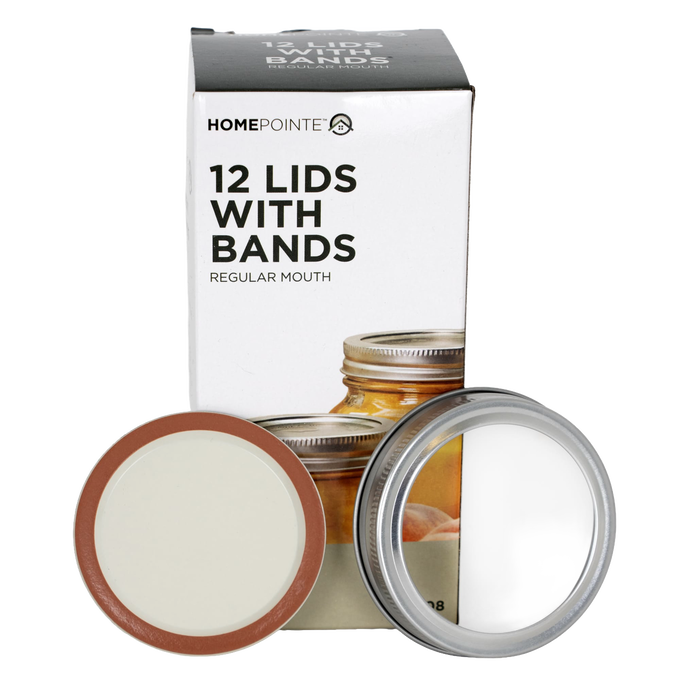 Box of 12 silver metal regular-mouth jar lids and bands featuring BPA-free sealing compound, designed for home canning in Kitchen & Food, Food Preservation, and Canning collections.