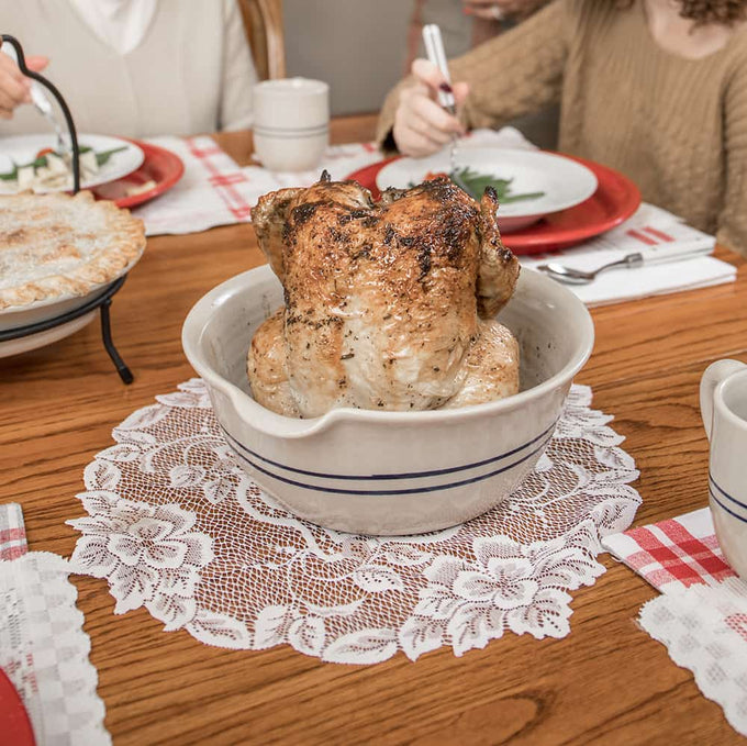 Handcrafted Heritage Blue Stripe stoneware chicken cooker made in USA, featuring a central reservoir for roasting beer can chicken, ideal for Kitchen & Food and Holiday Hosting collections.