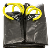 Folded woven polyethylene tarp in dark gray with four reinforced soft grip yellow handles featuring interlocking hardware, designed for yard cleanup in Farm, Garden & Tool collections.