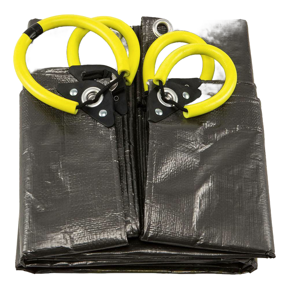Folded woven polyethylene tarp in dark gray with four reinforced soft grip yellow handles featuring interlocking hardware, designed for yard cleanup in Farm, Garden & Tool collections.
