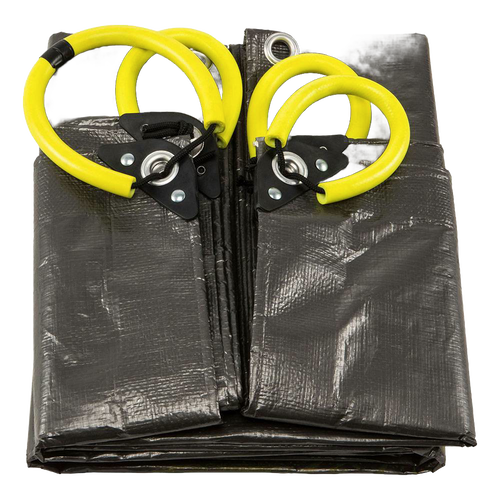 Folded woven polyethylene tarp in dark gray with four reinforced soft grip yellow handles featuring interlocking hardware, designed for yard cleanup in Farm, Garden & Tool collections.