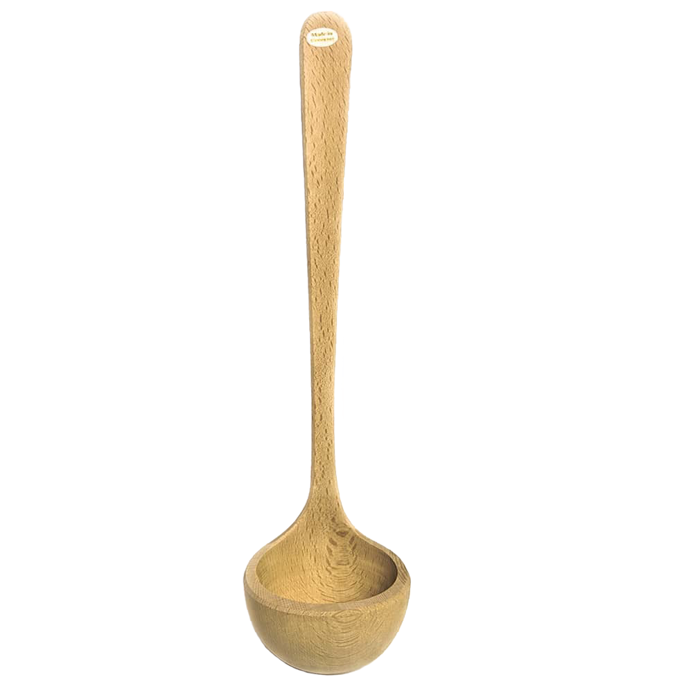 Hand-carved beech wood dipper with a smooth, rounded bowl and long handle, designed for easy serving, featured in Kitchen & Food, Storage and Serving, and Best Sellers collections.