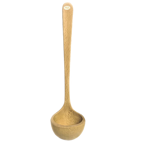 Hand-carved beech wood dipper with a smooth, rounded bowl and long handle, designed for easy serving, featured in Kitchen & Food, Storage and Serving, and Best Sellers collections.