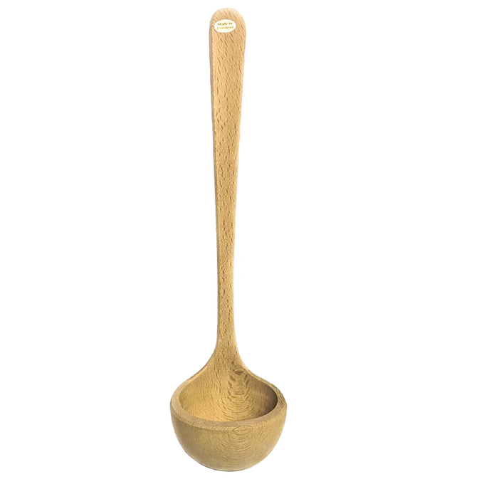 Hand-carved beech wood dipper with a smooth, rounded bowl and long handle, designed for easy serving, featured in Kitchen & Food, Storage and Serving, and Best Sellers collections.