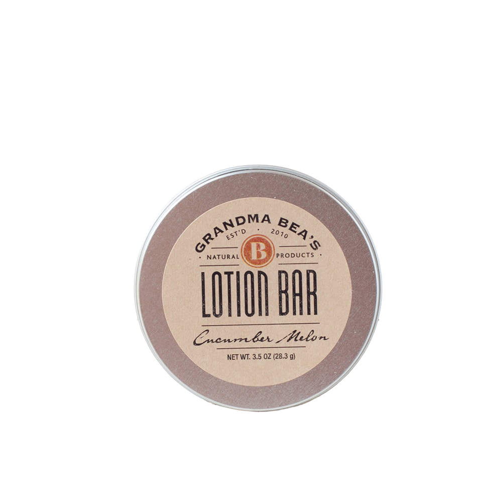 Round all-natural lotion bar tin labeled "Grandma Bea's Lotion Bar" with cucumber melon scent, handcrafted and made in USA, featured in Health & Wellness, Balms, Creams and Lotions, Grooming and Personal Hygiene, USA Made, Best Sellers, and Promo Eligible collections.