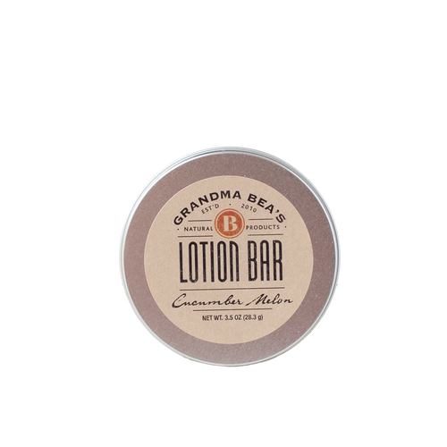 Round all-natural lotion bar tin labeled "Grandma Bea's Lotion Bar" with cucumber melon scent, handcrafted and made in USA, featured in Health & Wellness, Balms, Creams and Lotions, Grooming and Personal Hygiene, USA Made, Best Sellers, and Promo Eligible collections.