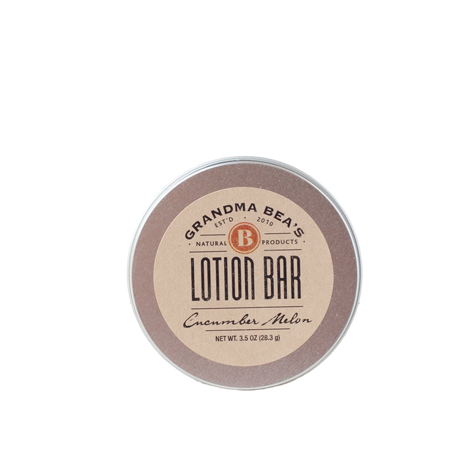 Round all-natural lotion bar tin labeled "Grandma Bea's Lotion Bar" with cucumber melon scent, handcrafted and made in USA, featured in Health & Wellness, Balms, Creams and Lotions, Grooming and Personal Hygiene, USA Made, Best Sellers, and Promo Eligible collections.