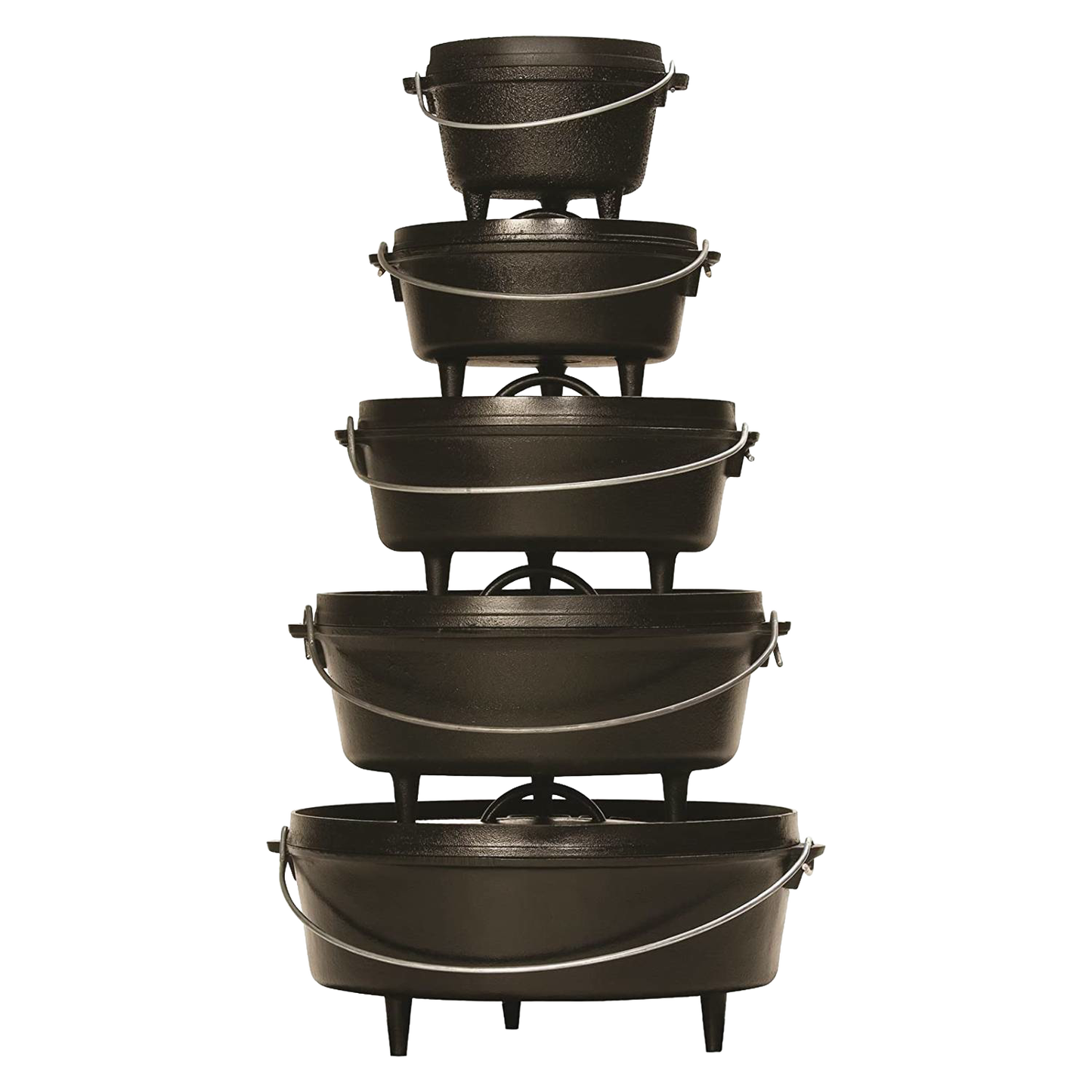 Stacked cast iron ovens with built-in legs and flanged lids for outdoor cooking, crafted in the USA; ideal for camping, farm, garden, and tool collections.