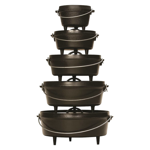Stacked cast iron ovens with built-in legs and flanged lids for outdoor cooking, crafted in the USA; ideal for camping, farm, garden, and tool collections.