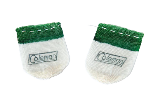 Two replacement mantles with green trim and stitched branding, designed for use in traditional gas lamps, featured in Lamps & Lighting, Gas Lights, and Best Sellers collections.