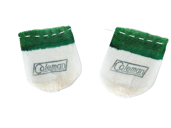 Two replacement mantles with green trim and stitched branding, designed for use in traditional gas lamps, featured in Lamps & Lighting, Gas Lights, and Best Sellers collections.