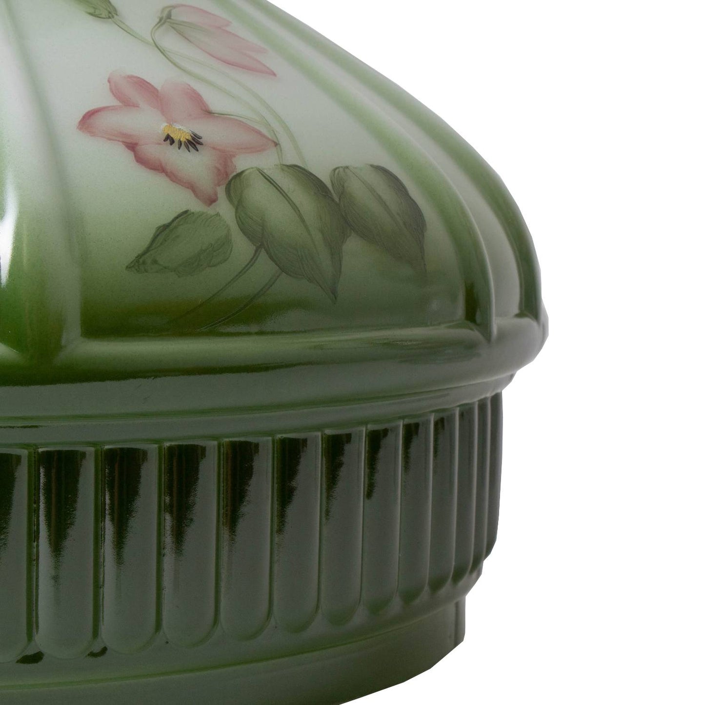 Close-up of a handcrafted glass oil lamp shade featuring soft green hues blending to white with delicate violet floral details, perfect for Lamps & Lighting and Parts and Accessories collections.