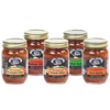 Selection of five handcrafted jars of kettle-cooked salsa in various flavors including pineapple, medium, peach, mild, and hot, featured in Kitchen & Food and USA Made collections.