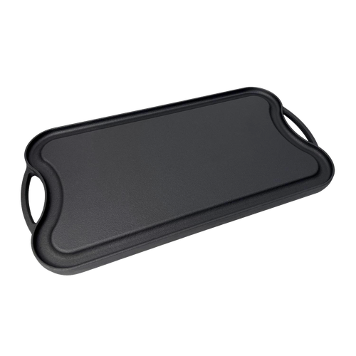 Handcrafted nitrided cast iron griddle with smooth cooking surface and dual side handles, designed for durable outdoor cooking in Farm, Garden & Tool, Kitchen & Food, Camping, Cast Iron, and Best Sellers collections.