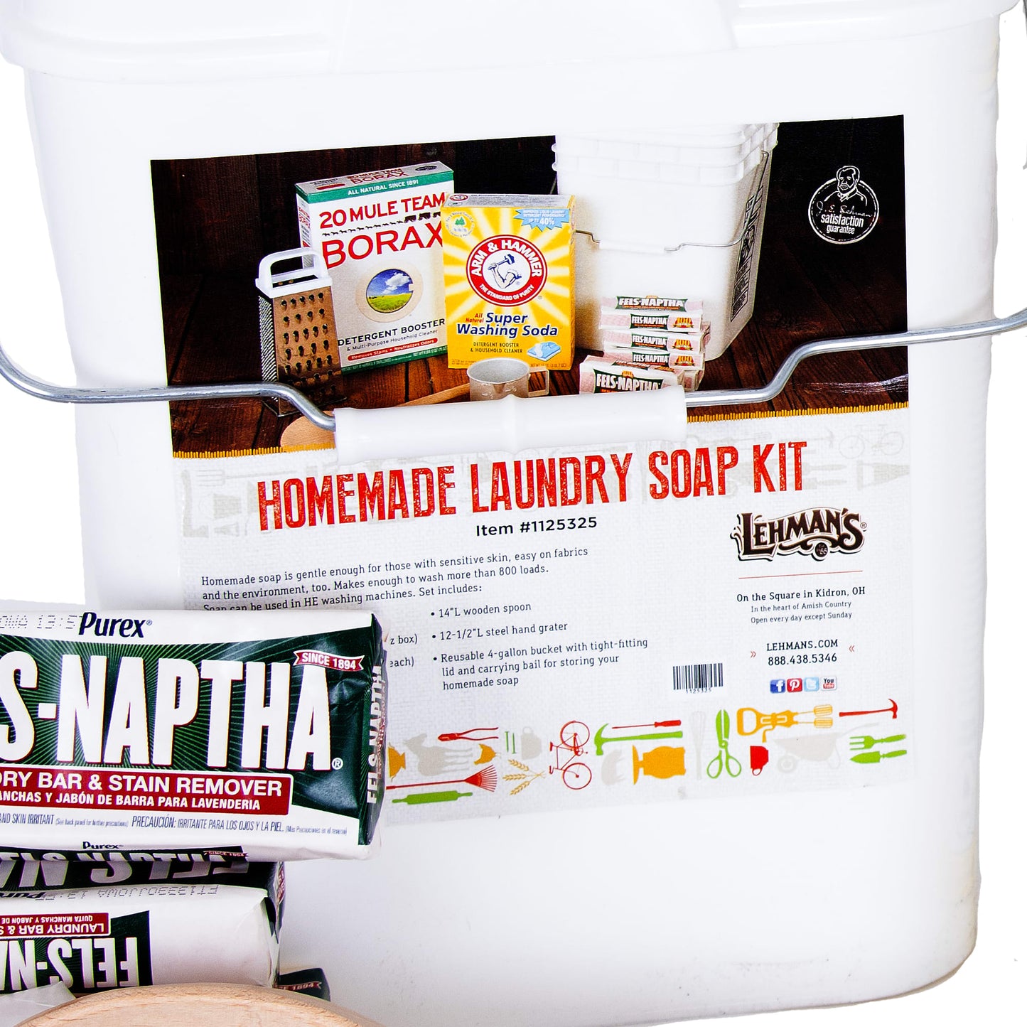 White plastic bucket containing a homemade laundry soap kit with Borax, Arm & Hammer washing soda, Fels-Naptha soap bars, a metal grater, wooden spoon, and measuring cup, handcrafted and made in USA for home, garden, and laundry supply use.