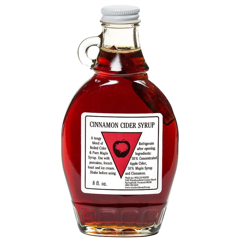 Glass bottle of handcrafted cinnamon cider syrup with a cinnamon stick inside, made in USA, ideal for kitchen, pantry, and apple harvest supplies collections.