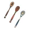 Three handcrafted pakkawood spoons featuring vibrant concentric color patterns in brown, red, and blue hues, sturdy and heat resistant, ideal for Kitchen & Food and Best Sellers collections.