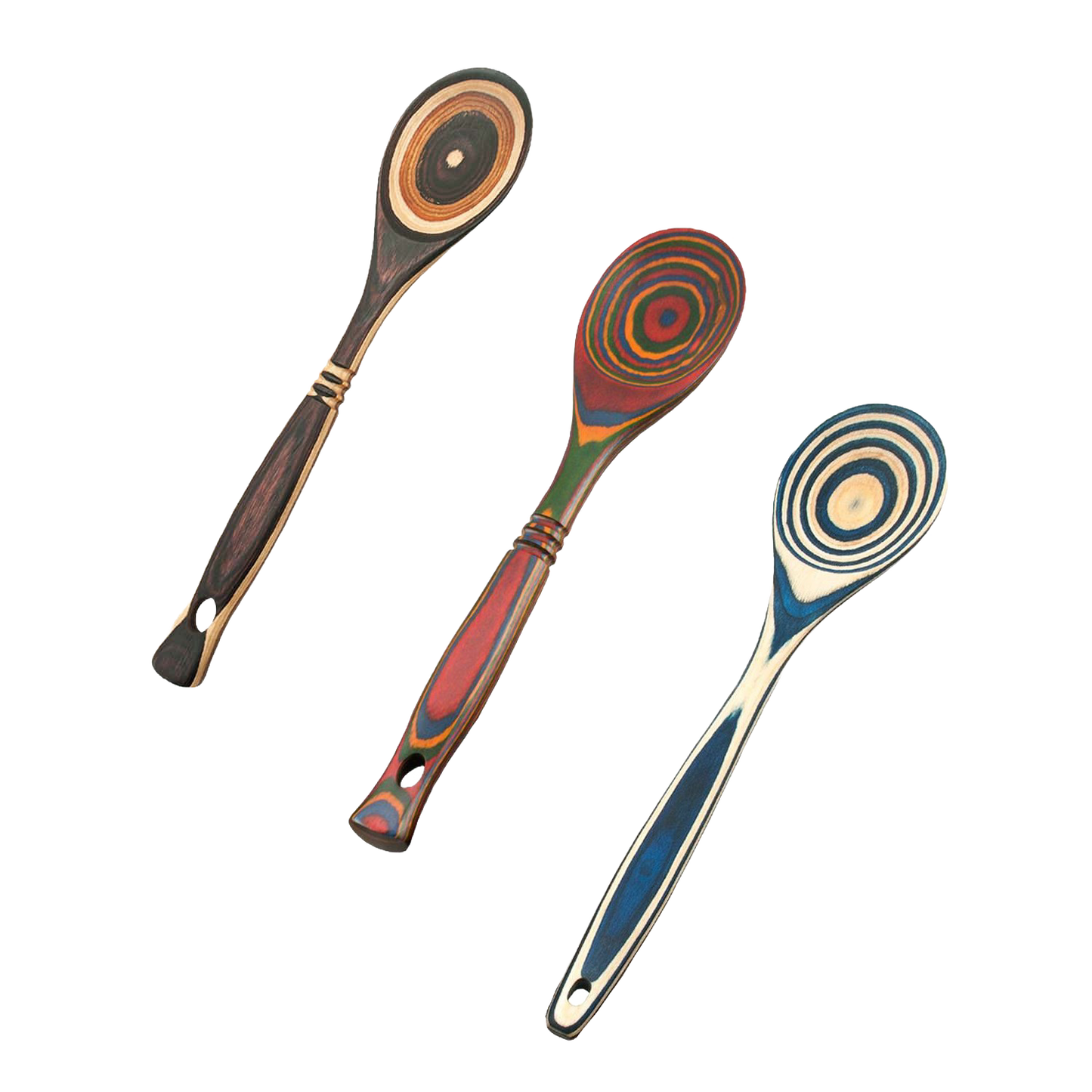 Three handcrafted pakkawood spoons featuring vibrant concentric color patterns in brown, red, and blue hues, sturdy and heat resistant, ideal for Kitchen & Food and Best Sellers collections.