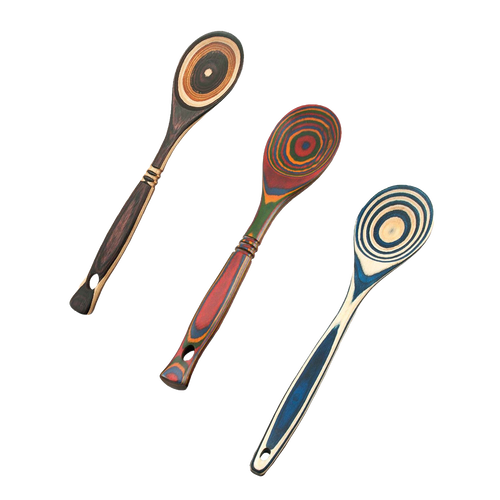 Three handcrafted pakkawood spoons featuring vibrant concentric color patterns in brown, red, and blue hues, sturdy and heat resistant, ideal for Kitchen & Food and Best Sellers collections.