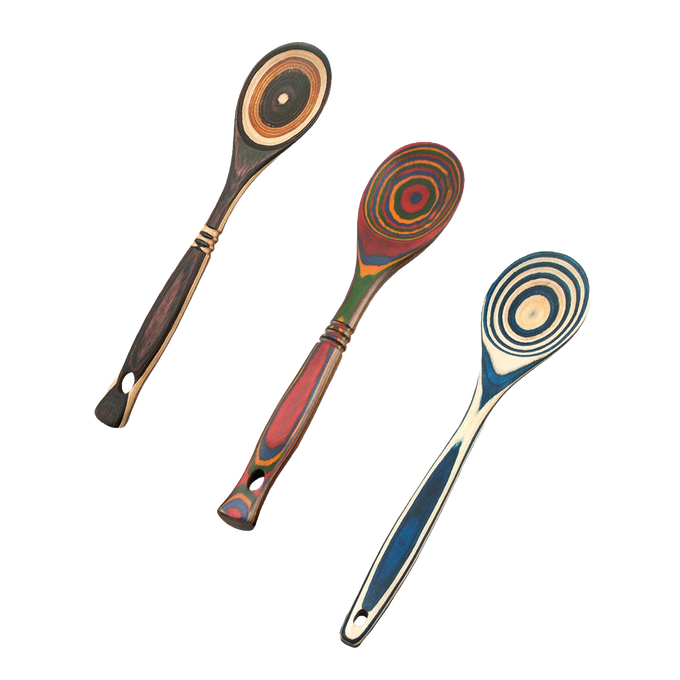 Three handcrafted pakkawood spoons featuring vibrant concentric color patterns in brown, red, and blue hues, sturdy and heat resistant, ideal for Kitchen & Food and Best Sellers collections.