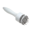 White plastic-handled meat tenderizer featuring 24 stainless-steel prongs designed for quickly breaking down meat fibers, ideal for kitchen gadgets and specialty cooking tools.