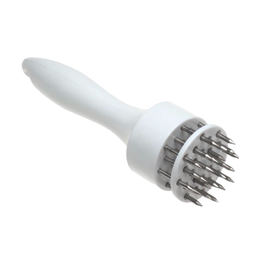 White plastic-handled meat tenderizer featuring 24 stainless-steel prongs designed for quickly breaking down meat fibers, ideal for kitchen gadgets and specialty cooking tools.