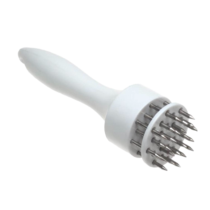 White plastic-handled meat tenderizer featuring 24 stainless-steel prongs designed for quickly breaking down meat fibers, ideal for kitchen gadgets and specialty cooking tools.