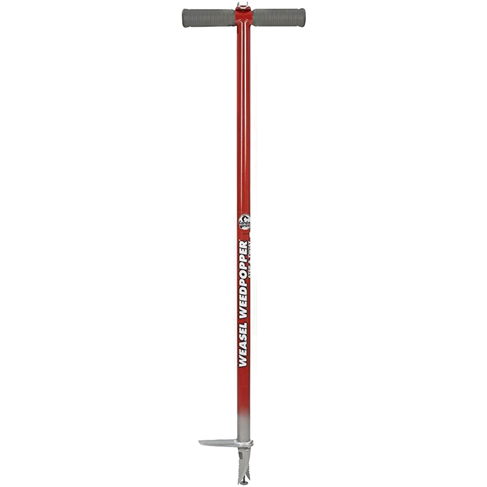 Handcrafted Garden Weasel WeedPopper weeder with a long red metal shaft, ergonomic black foam handles, and durable steel tines for easy weed removal, part of Farm, Garden & Tool collections.