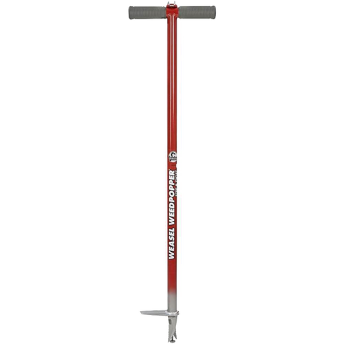 Handcrafted Garden Weasel WeedPopper weeder with a long red metal shaft, ergonomic black foam handles, and durable steel tines for easy weed removal, part of Farm, Garden & Tool collections.