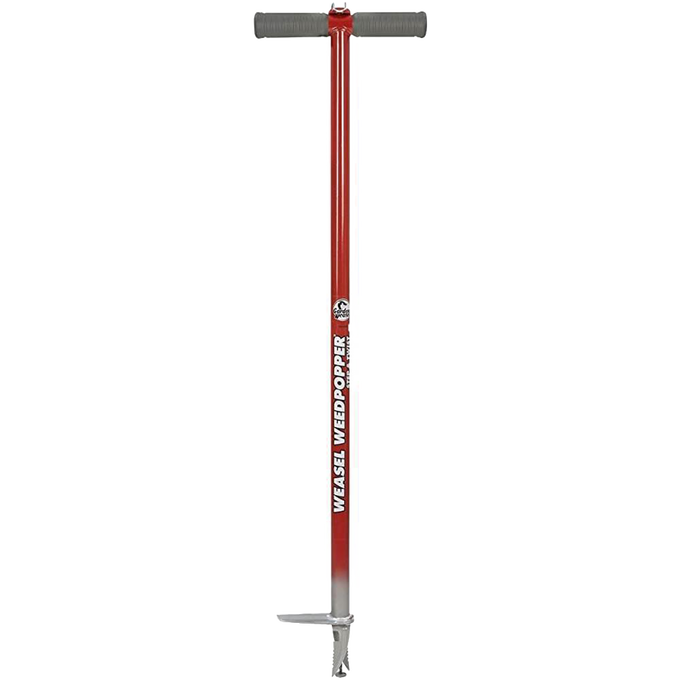 Handcrafted Garden Weasel WeedPopper weeder with a long red metal shaft, ergonomic black foam handles, and durable steel tines for easy weed removal, part of Farm, Garden & Tool collections.