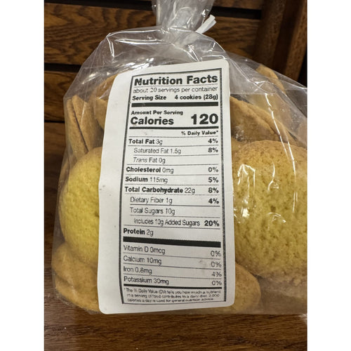 Clear plastic bag containing handcrafted crispy lemon snap cookies with a nutrition facts label visible, suitable for Kitchen & Food, Snacks and Sweets, Best Sellers, and Promo Eligible collections.