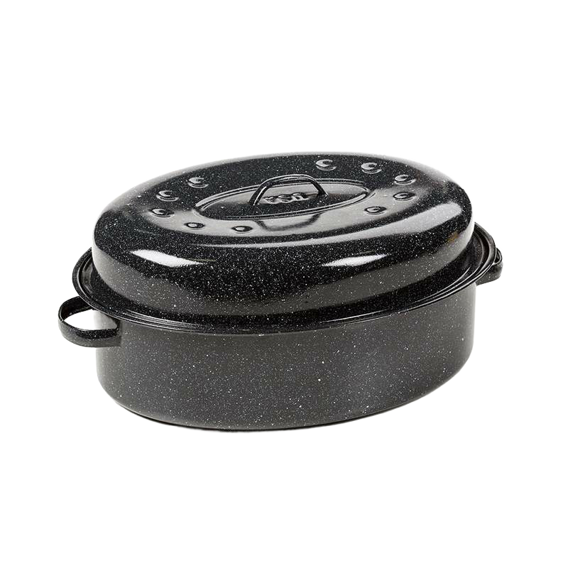 Handcrafted durable oval graniteware roaster in black speckled enamel-on-steel with self-basting dimples on domed lid, ideal for Kitchen & Food, Cookware, Pots and Pans, and Best Sellers collections.