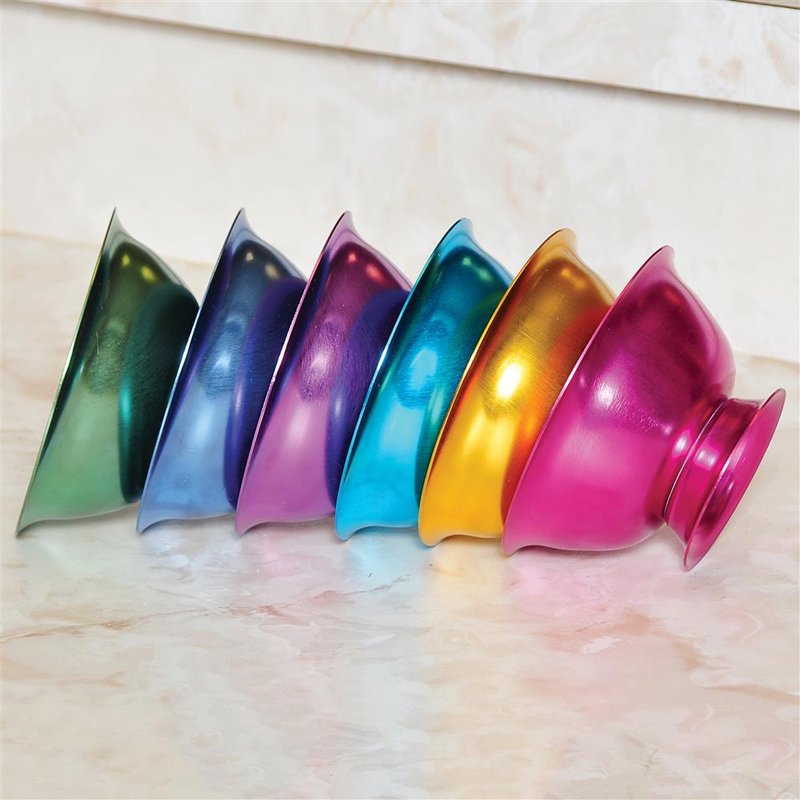 Set of six colorful aluminum ice cream bowls in blue, bright blue, green, gold, pink, and purple, showcasing durable, vibrant kitchenware from Specialty Equipment and Dinnerware collections.