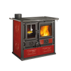 Cast iron and enameled steel wood cook stove with a reverse design, featuring a firebox and glass oven door in rich red majolica, ideal for Stoves, Cookstoves, and Best Sellers collections.