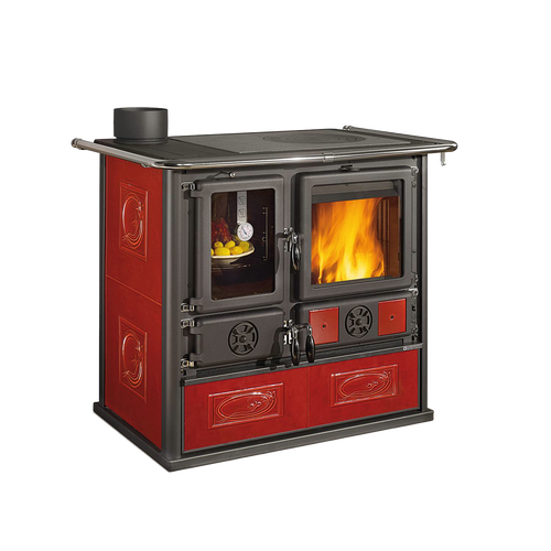 Cast iron and enameled steel wood cook stove with a reverse design, featuring a firebox and glass oven door in rich red majolica, ideal for Stoves, Cookstoves, and Best Sellers collections.