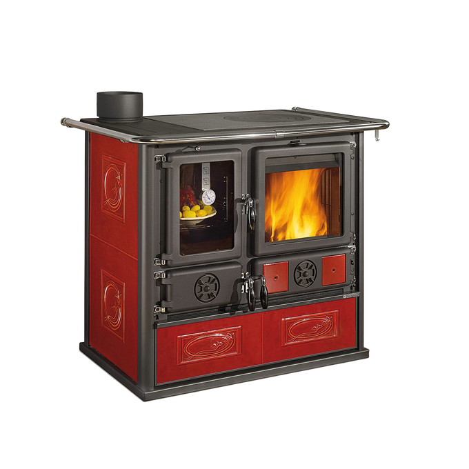 Cast iron and enameled steel wood cook stove with a reverse design, featuring a firebox and glass oven door in rich red majolica, ideal for Stoves, Cookstoves, and Best Sellers collections.