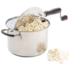 Stainless steel stovetop popcorn popper with a wooden-handled crank and vented lid, filled with freshly popped popcorn, ideal for Kitchen & Food, Cookware, Pots and Pans, Popcorn, and Best Sellers collections.