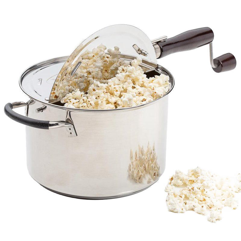 Stainless steel stovetop popcorn popper with a wooden-handled crank and vented lid, filled with freshly popped popcorn, ideal for Kitchen & Food, Cookware, Pots and Pans, Popcorn, and Best Sellers collections.